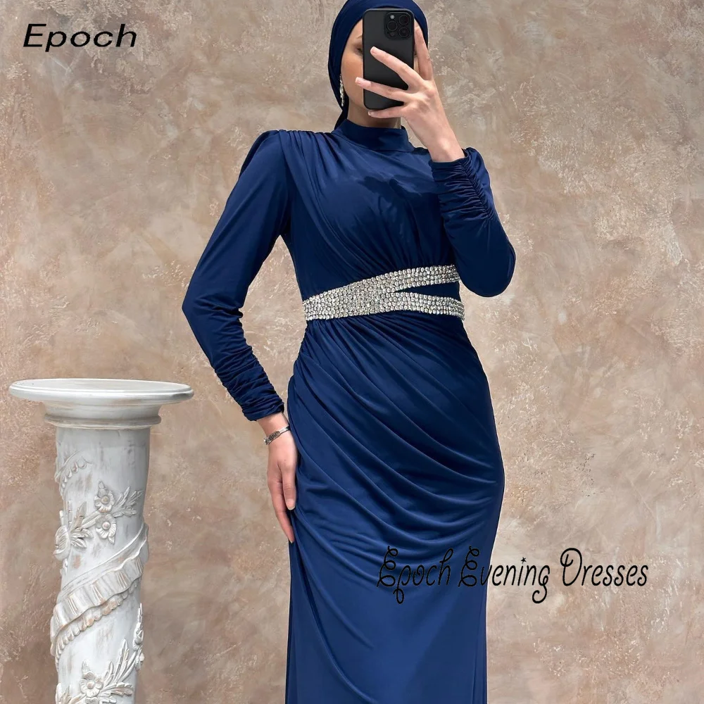 Vestido de baile longo para mulheres muçulmanas, elegante vestido com o pescoço com cinto de cristal, vestido de cocktail muçulmano,