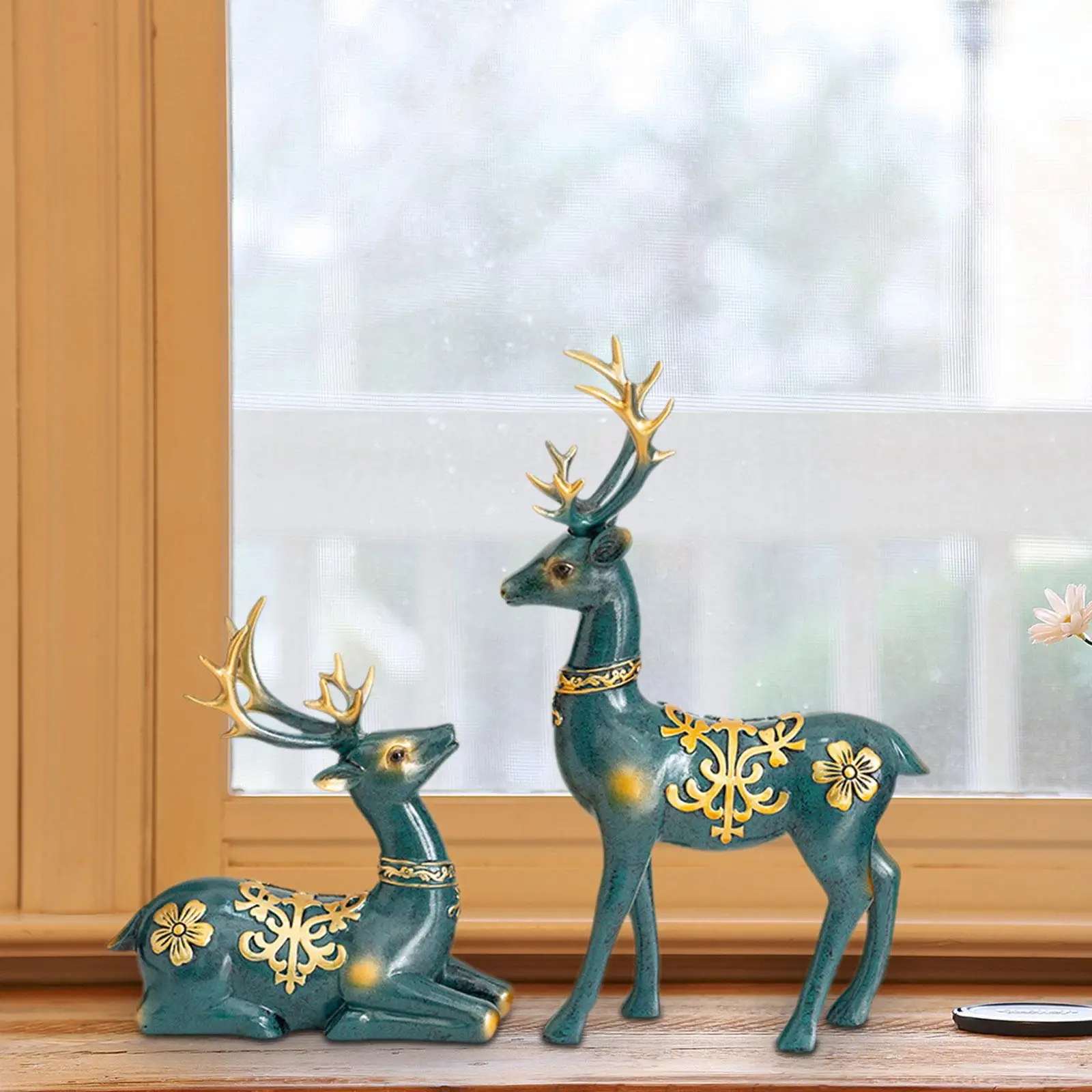 2x Reindeer Sculpture Resin Statue Deer Figurine Animal Figure for Living Room