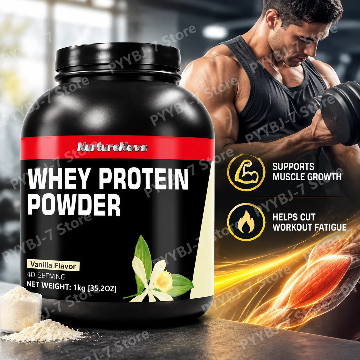 Whey Protein Powder Fuel Muscle Growth, Cut Workout Fatigue Whey & Isolate Protein Mix Vanilla Flavor 40 Servings 1kg (35.2oz)
