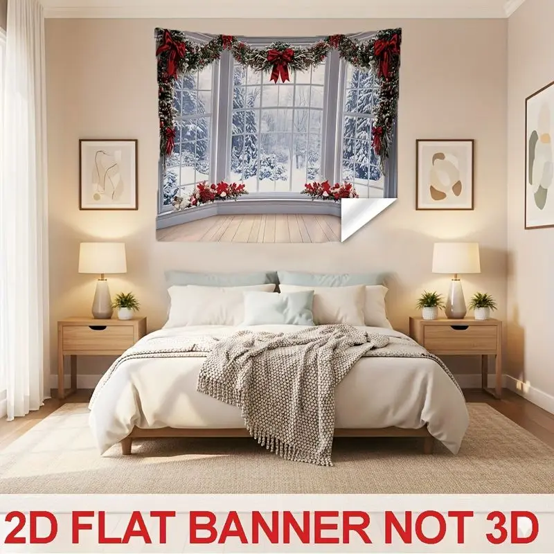 VIKAMA Snowy Window Tapestry Garland Holly Red Bow Poinsettia Snowman Winter Festive Wall Hanging Christmas Holiday Decor