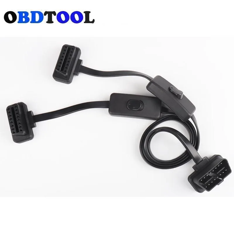 30CM OBDII Extension Connector Y Splitter with Switch Dual Female OBD2 16PIN Cable Male To Female Flat+Thin As Noodle for ELM327