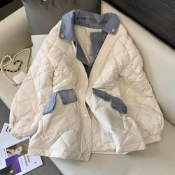 Fake Two Parkas Puffer Jacket Women Chaqueta Mujer Thick Cotton Argyle Coat Femme Denim  Winter Plaid Jaqueta Y2k