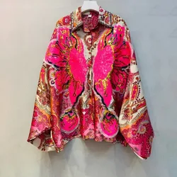 Retro Floral Printed Crystal Sequined Blouses Flowers Pattern Rhinestones Beaded Shirts Bat Sleeve Diamonds Cardigan Tops Blusas