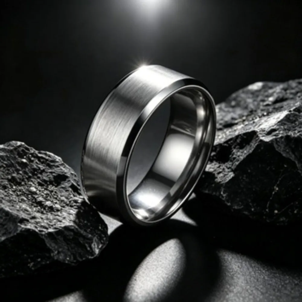 8mm Men's Black Stainless Steel Wedding Band Rings Black Groove Beveled Edge Engagement Ring for Men's Valentine Gifts Jewelry