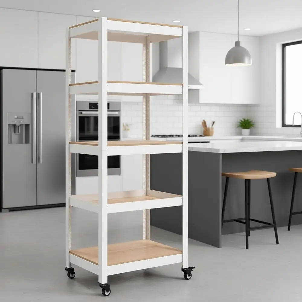 

Металлическая 5-ярусная передвижная тележка-стеллаж, усиленная, с ламинированными полками на колесиках, регулируемая, для хранения, органайзер для кухни