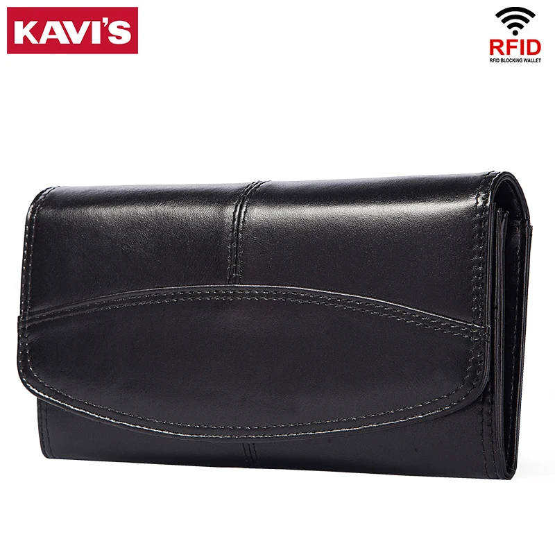 KAVIS 100% Genuine Leather Long Wallets For Ladies Fashion Brand High Quality Purse multi-function Handbag Durable Phone Pocket