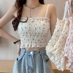 Summer Floral Pattern Women Vintage Folds Sleeveless Slim Tank Top Built In Bra Casual Slim Fit Pleated Vest Camisole Tank Tops