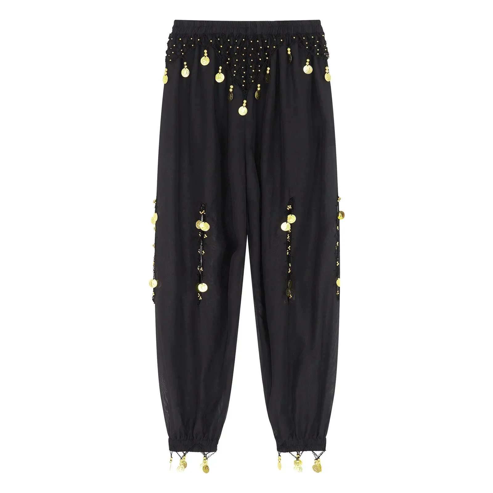 Womens Hollow Out Beads Coins Pendant Belly Dance Pants Semi See-Though Chiffon Bloomers Stage Performance Trousers