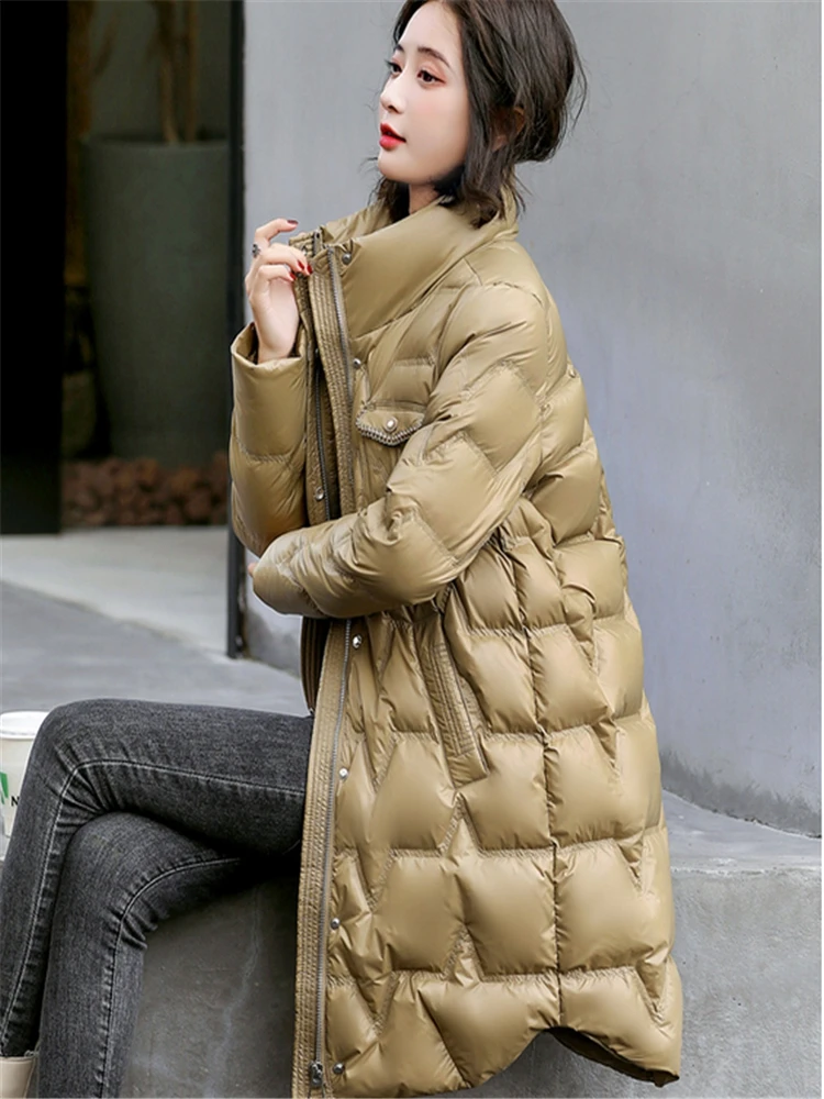 Autumn Winter Women Ultra Light  Long Down Jacket Parka Casual Female White Duck Down Taped Slim Fit Coat Warm Outwear