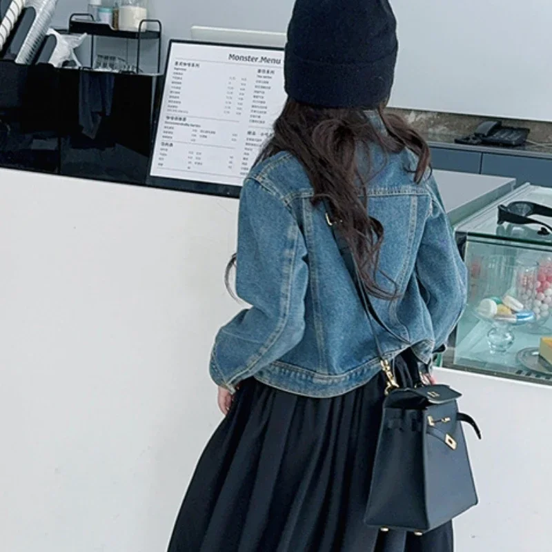 Girls Coat 2024 Autumn New Childrens Clothing Foreign Style Retro Short Standing Collar Washed Denim Coat Casual Simple image 6