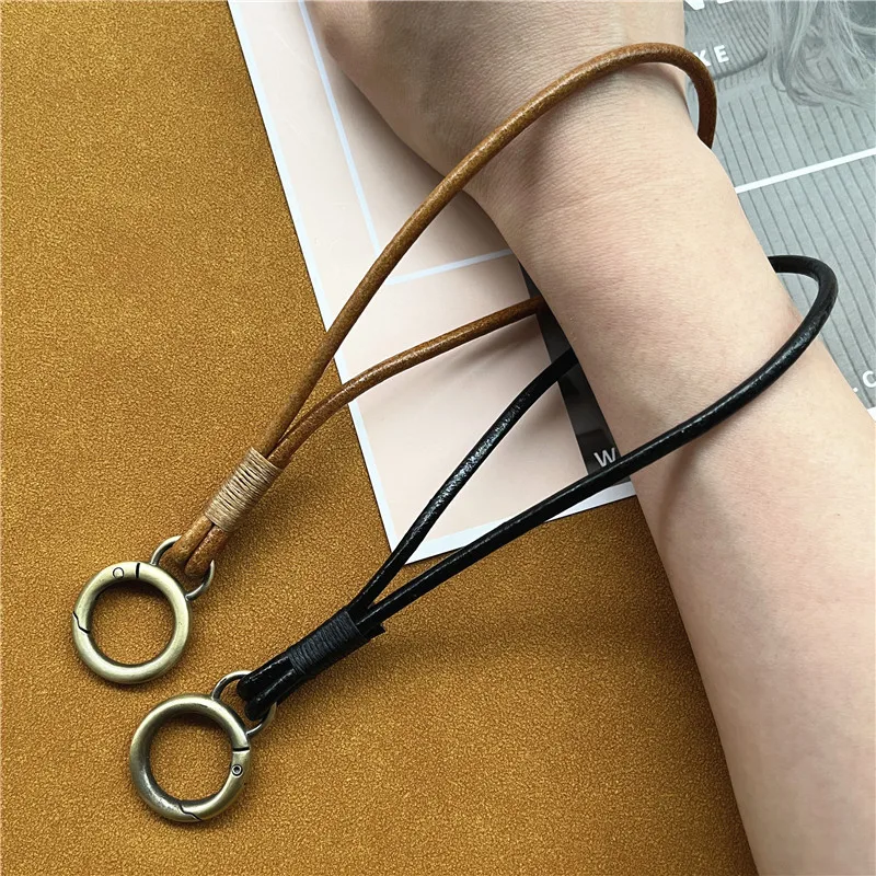 Keychain Lanyard Genuine Leather Cord for Keys Strap Bronze Color Rope Key Chain Metal Keyring Accessories Premium Wrist Strap