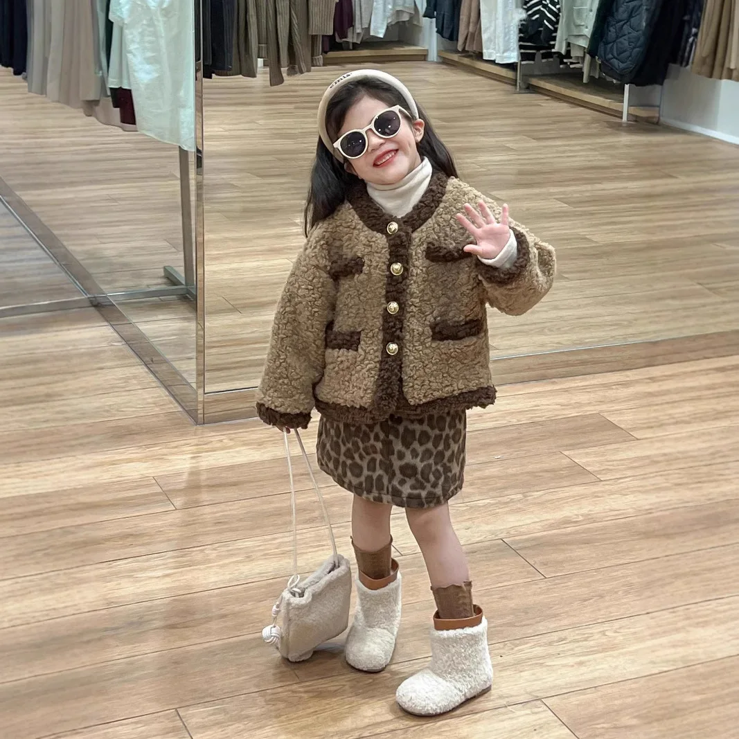 2025 Baby Girl Winter and Autumn New Style Thick Warm and Fashion Brown Coat Short Leopard Print Skirt Kids Outwear Clothes
