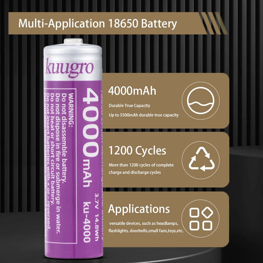 Kuugro Ku-4000 Akumulator Typu C 18650 4000mAh 3.7V Najwyżej Wydajne Akumulatory Litowe 12A Rozładowanie do Latarki — zdjęcie produktu 2
