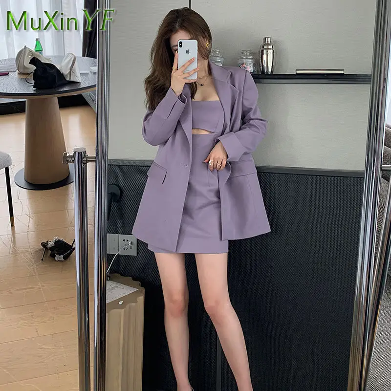 Women\'s Autumn Korean Fashion Suit Coat+Purple Sling Dress Two Piece Set 2022 New Female Loose Casual Blazer Mini Skirt Suit