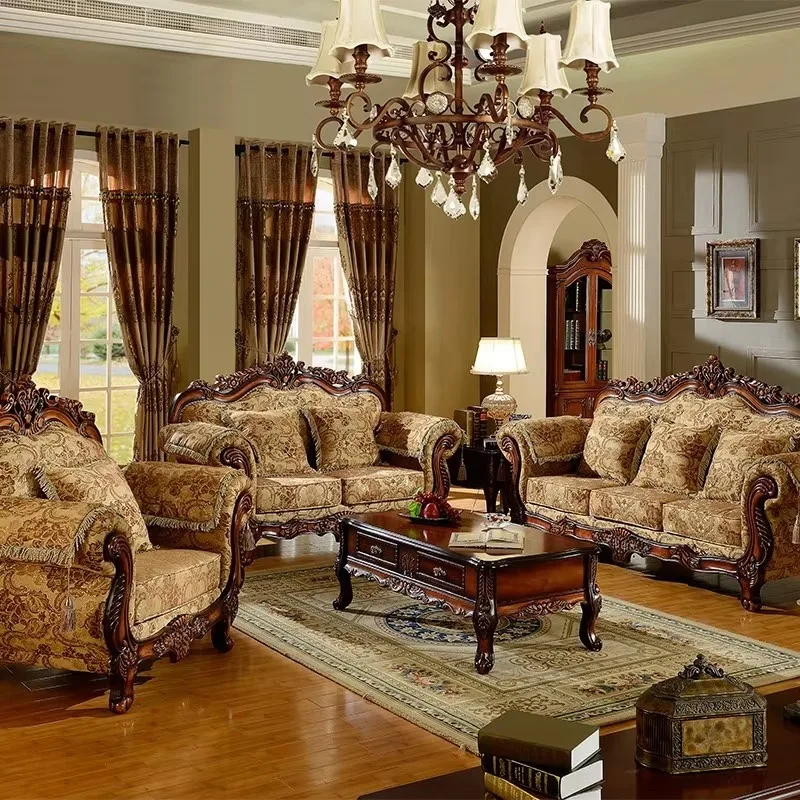 U Shaped Combination of European Style Fabric Furniture Sofa Retro Solid Wood Carved Three Seater Sofa Living Eoom Sofa Set
