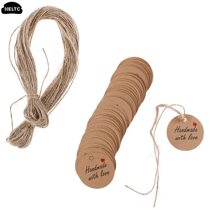 100pcs Handmade with Love Labels Hang Tags Blank Kraft Paper String Tag Labels Party Favors Gift
