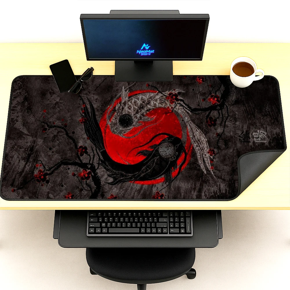 Japanese Desk Mat Mousepad 1600x600 Yin Yang Koi Cherry Blossom Gothic Black Giant Red Gaming Computer Accessories Playmat