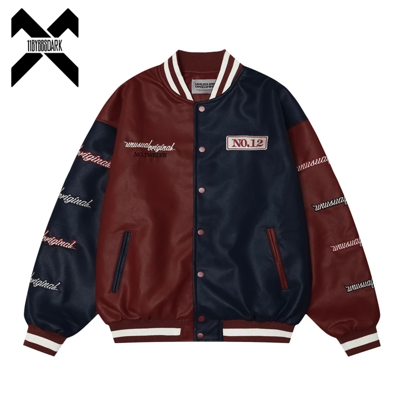 2024 Streetwear PU Leather Baseball Jacket Color Block Patchwork Letter Embroidery Graphic Varsity Jackets Coats for Men