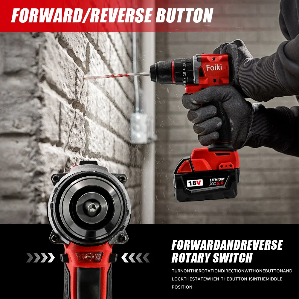 Foiki 18V Brushless Impact Drill 60N·m High Torque 1650rpm for Pro Decoration/FurnitureAssembly/DIY Milwaukee Battery Compatible