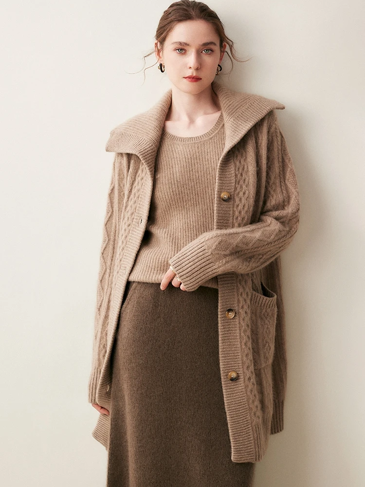 Luxury Women Twist Flower Cashmere Cardigan Medium Length Sweater Coat Autumn Winter Thick Solid Vintage 100% Cashmere Knitwear