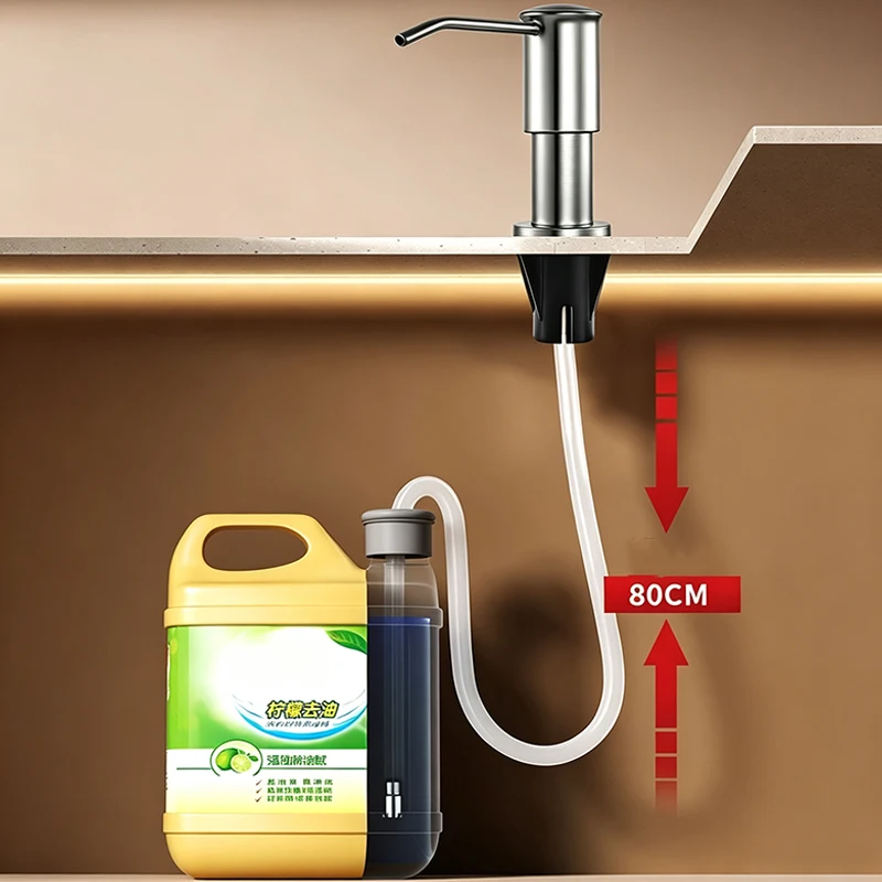 Liquid Soap Dispenser with Rack 100cm Tube 360° Rotation Dispense Nozzle 304 SS Kitchen Sink Bathroom Detergent Hand Press Pumps