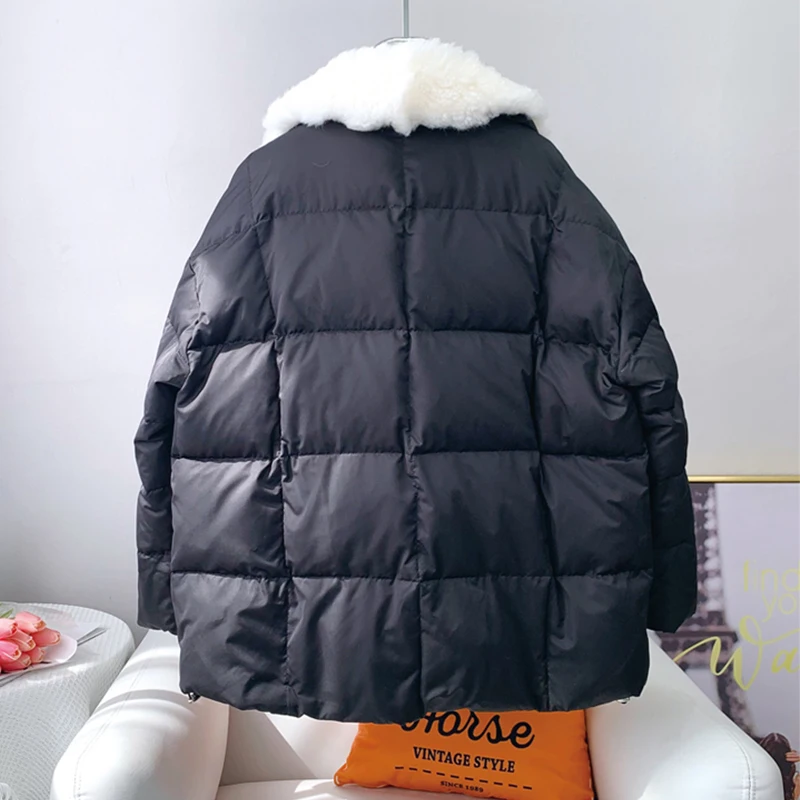 Natural Sheepskin Fur Collar Women Winter Goose Down Jacket Sweet Style Luxury Female Coats Streetwear