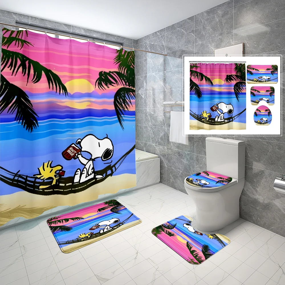 1/4Pcs Cartoon Anime Snoopy Waterproof Shower Curtain Set with Non-Slip Rugs,Toilet Lid Cover,Bath Mat