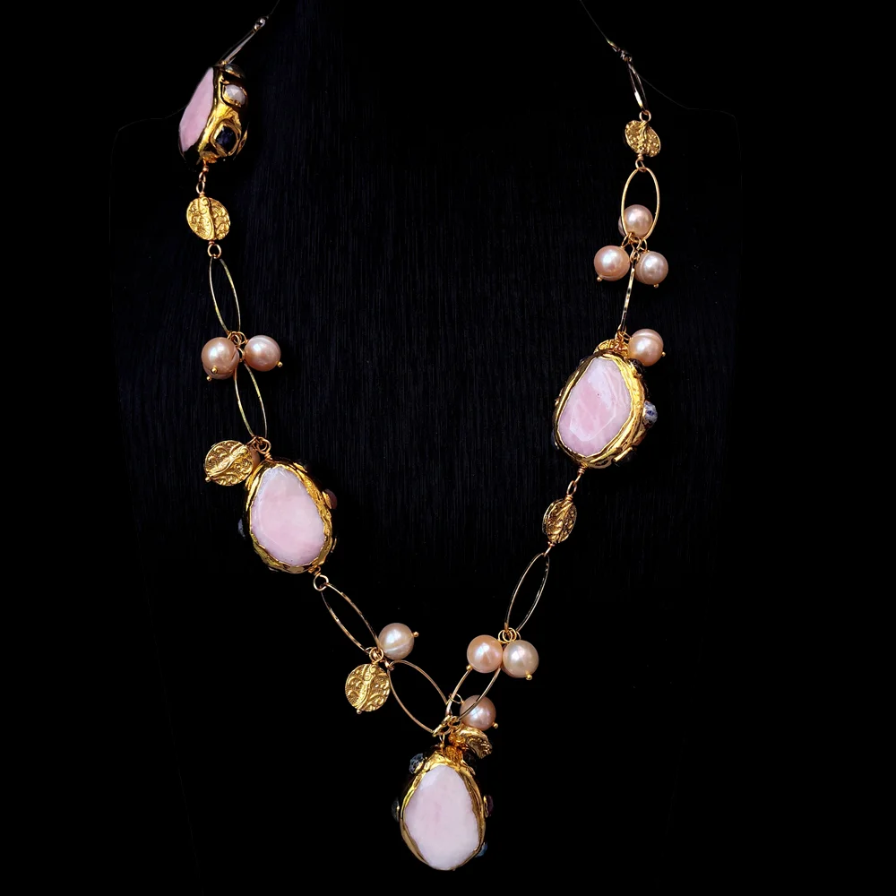 

YYGEM Cultured pink round Pearl Pink Jade gold plated charm chaink Statement Necklace Designer Jewelry