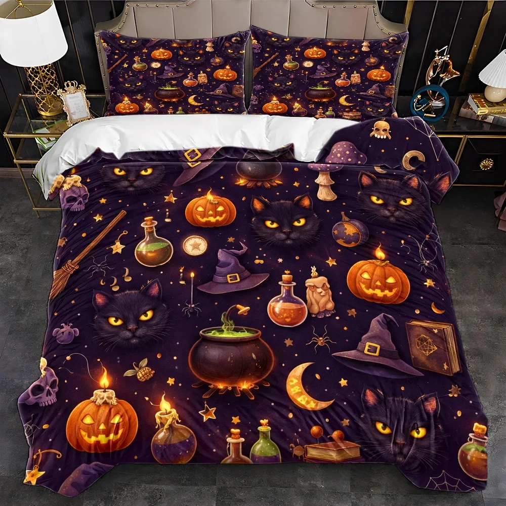 3Pc Halloween-Themed Duvet Cover Set, Three-Piece Bed Set (1*Duvet Cover + 2*Pillowcases), Suitable for All Seasons, Machine Washable, with Invisible Zipper, Pumpkin and Black Cat Magic Elements, Large Double Bed Cover Set, Suitable for Home, Dormitory, Master Bedroom, Guest Room, Cross-Border Best-Selling Witch-Themed Bedding, Cartoon Halloween Pattern Duvet Cover and Pillowcase Set, Specially Designed for Export, Holiday-Themed Bedding Set
