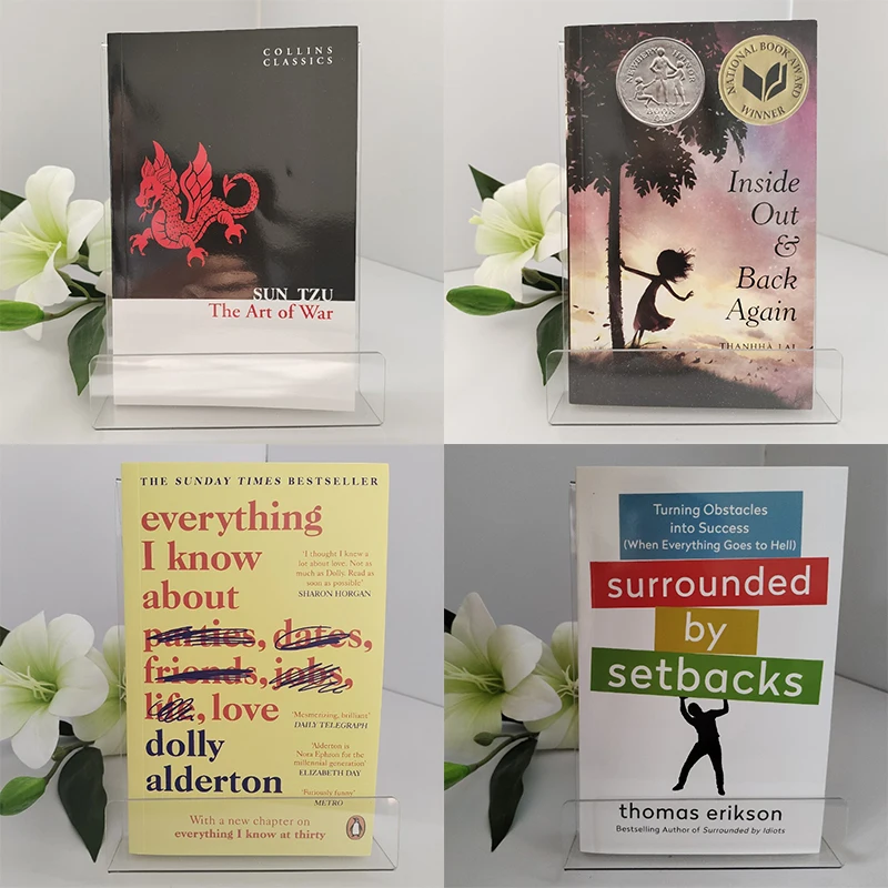 Rodeado por obstáculos y todo lo que sé sobre el amor, de dentro hacia afuera y de nuevo de dentro hacia afuera, y El arte de la guerra de Sun Tzu, libros en inglés, livros, libros