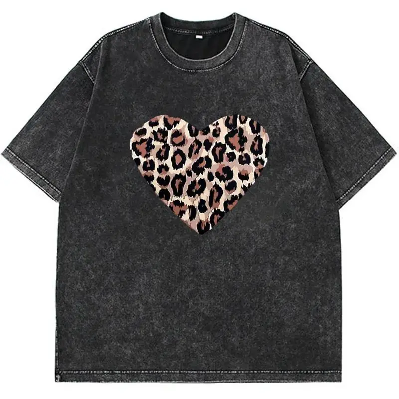 

Heart Leopard Print Vintage Washed Dark Grey Cotton T-shirt 2026 Summer Loose Casual Streetwea