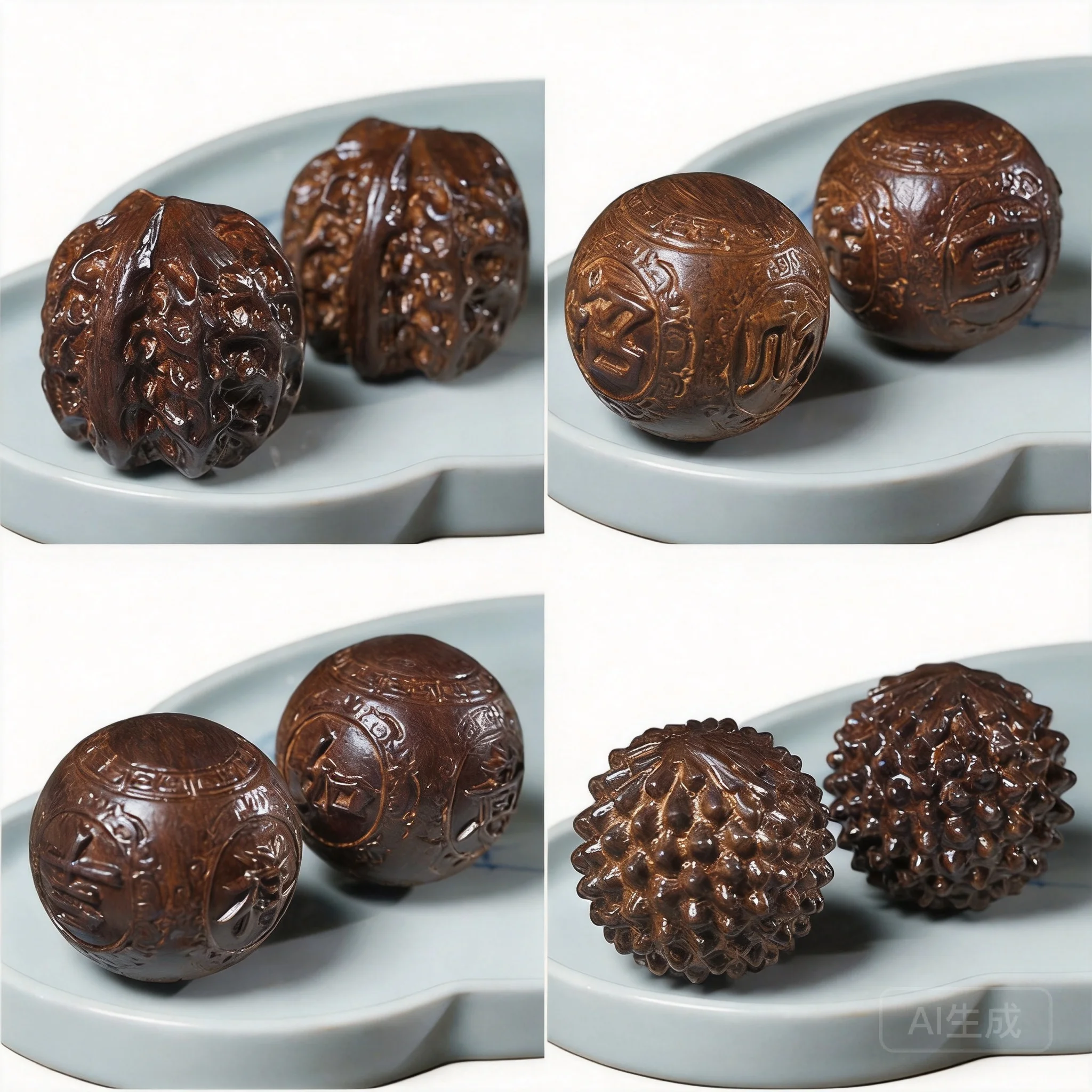 

Chinese Traditional Auspicious Carved Natural Ebony Wood Hand Massage Balls Lucky Fortune Blessing Stress Relief Exercise Health