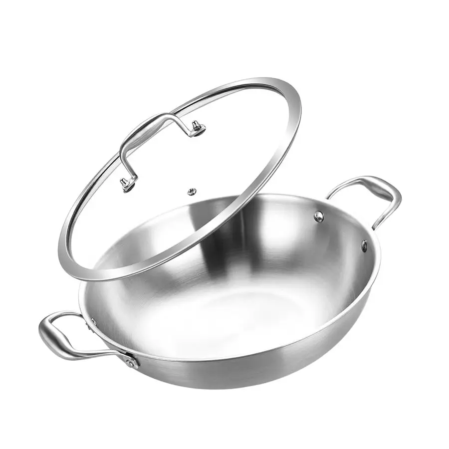 

10-дюймовая трехслойная сковорода-вок из нержавеющей стали с крышкой, маленькая сковорода для перемешивания, джамбо-плита, индукционная сковорода, можно мыть в посудомоечной машине и в духовке