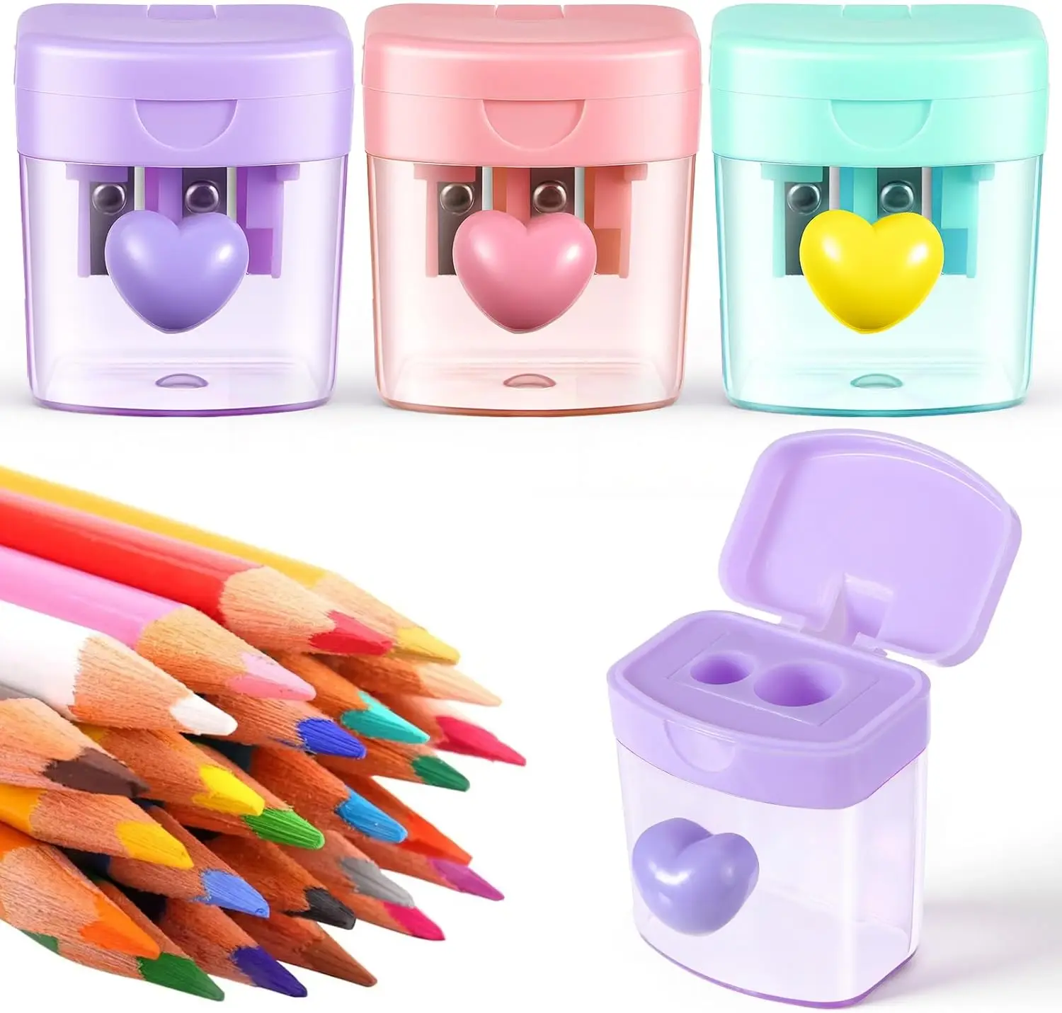 

3 PCS Heart-Shaped Dual Hole Pencil Sharpener with Lid, Handheld Manual Crayon Sharpeners for Home and Office Use