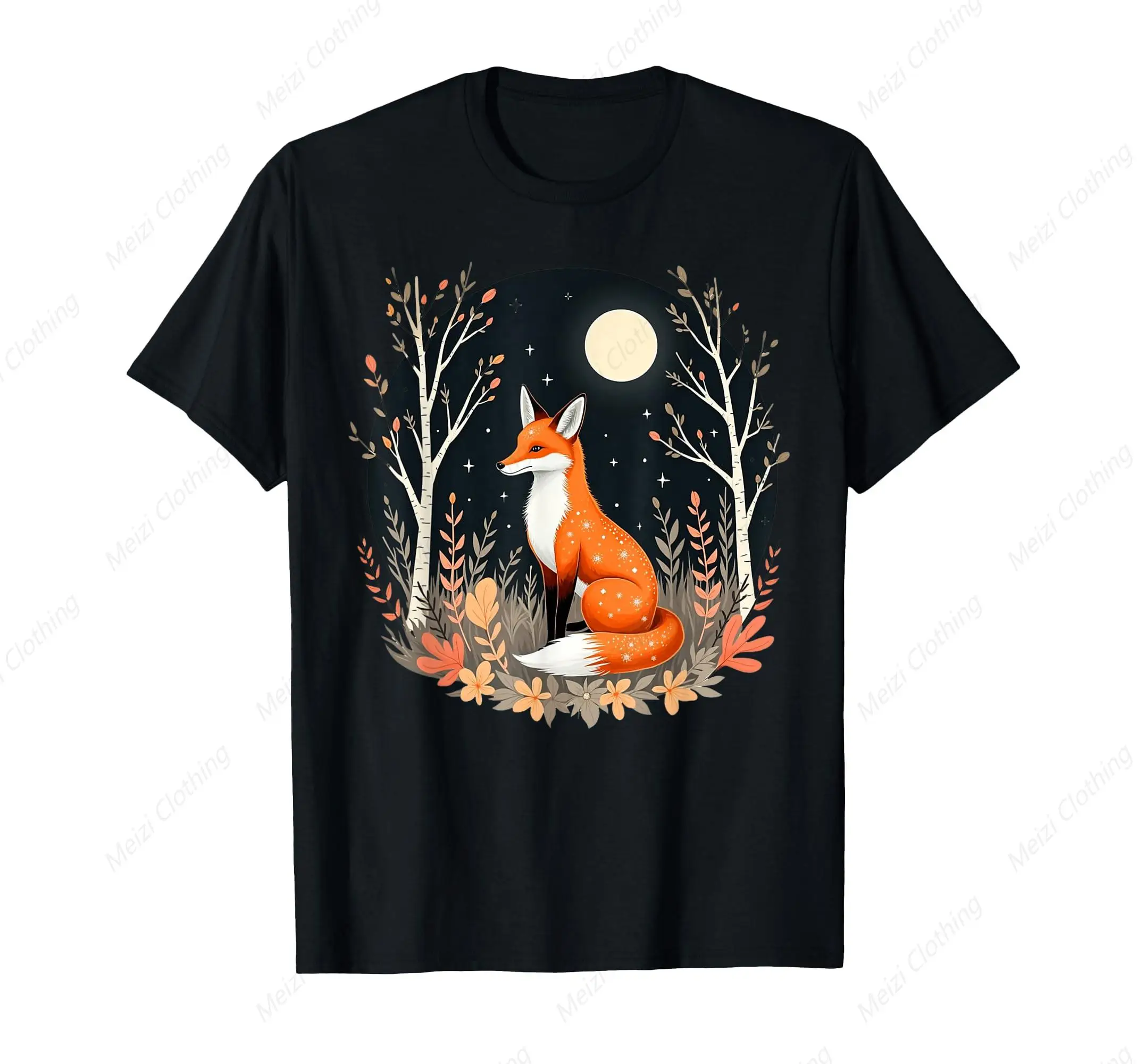 

Forest Moon Animal Cute Fox Printed T-shirt Fashion Pure Cotton Black Comfortable Gift Shirt