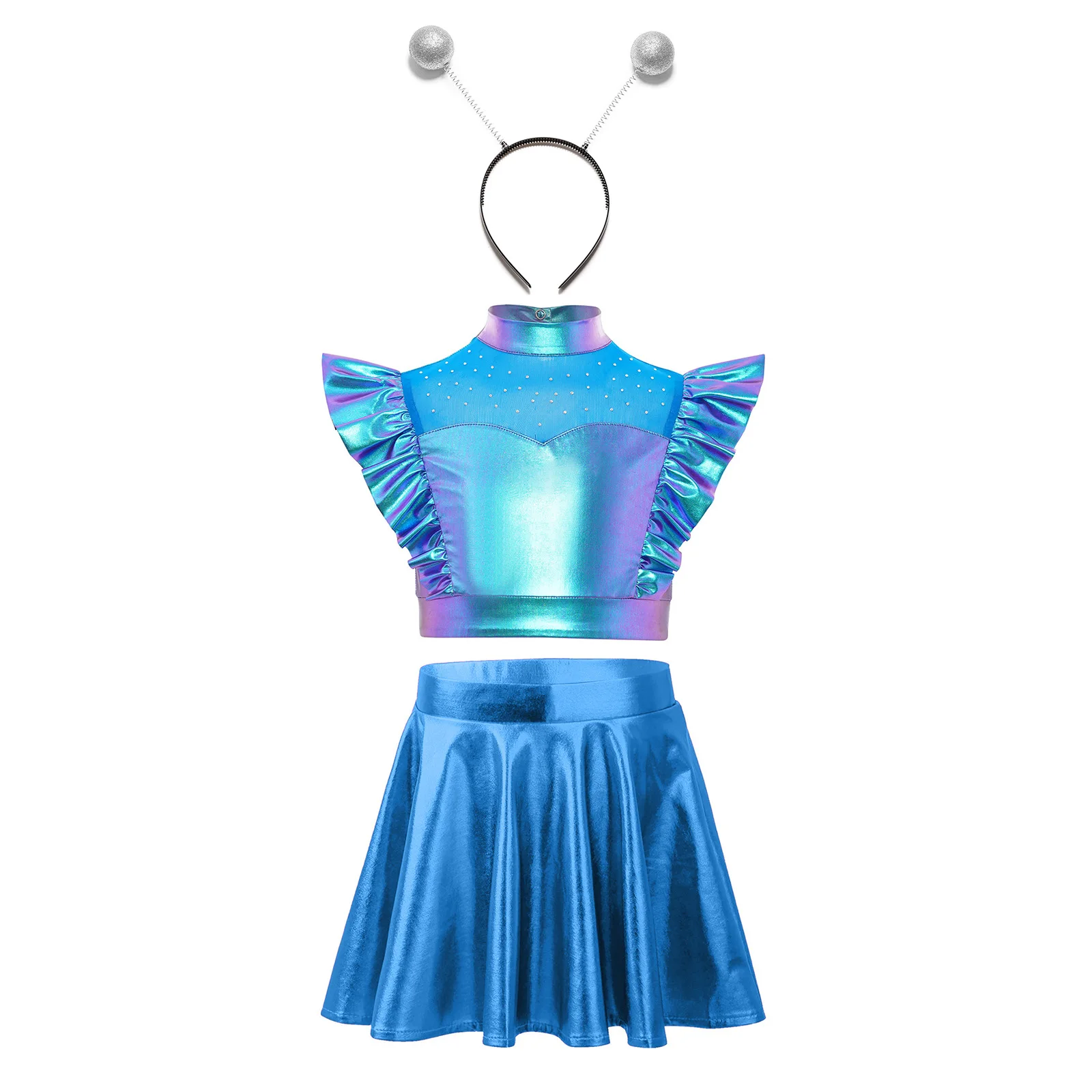 

Child Girls 3 Piece Alien Astronauts Cosplay Outfit Rhinestones Sleeveless Ruffle Crop Tops with A-line Skirt and Hair Hoop Set