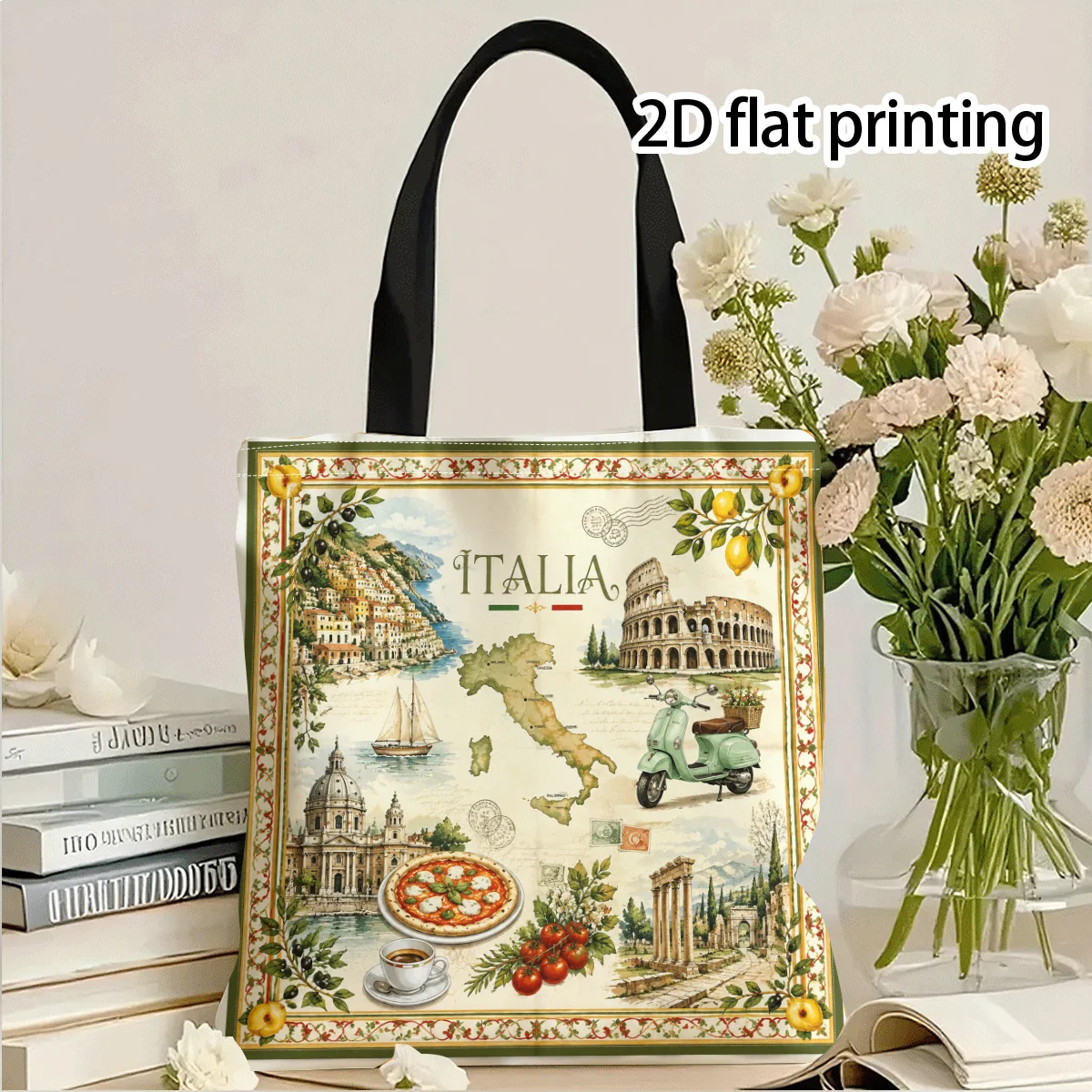 Italian Vintage Map Decor Art Design Tote Bag Novel Print Colorful Shoulder Bag Suitable Outdoor Shopping Fun Design