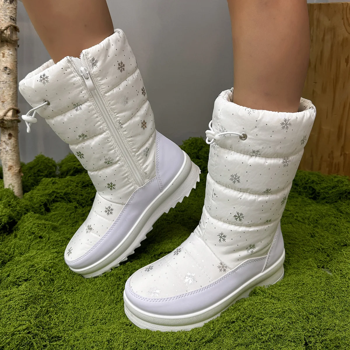 

New thick-soled down fabric thick-soled snow boots, large-sized round-toed side zipper long cotton boots