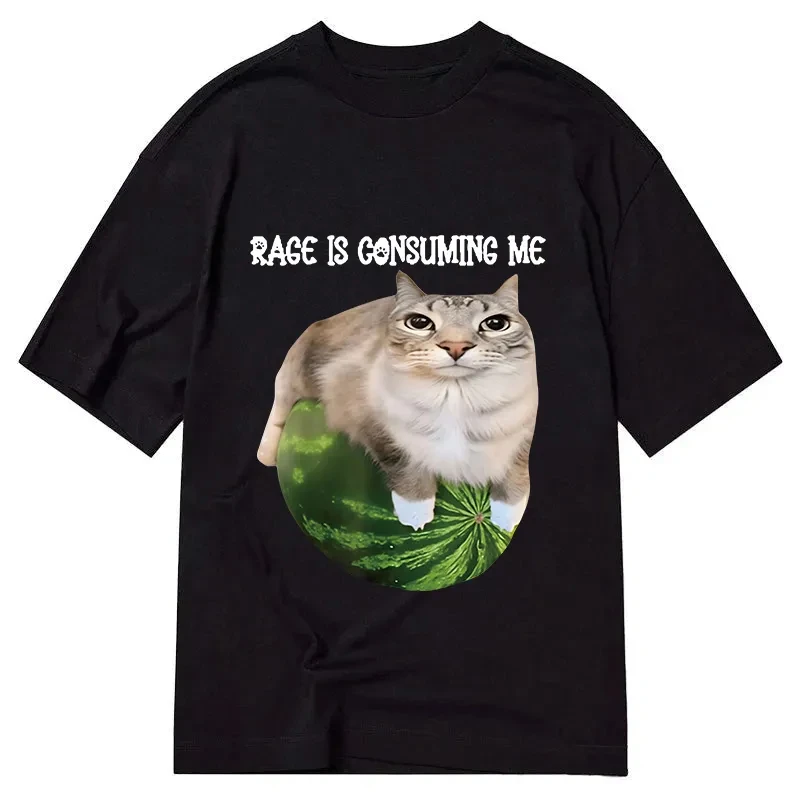 Cat on Watermelon Meme T-Shirt Men Women Funny Angry Cat Graphic Print Oversized Casual Streetwear Short Sleeve Tee Tops