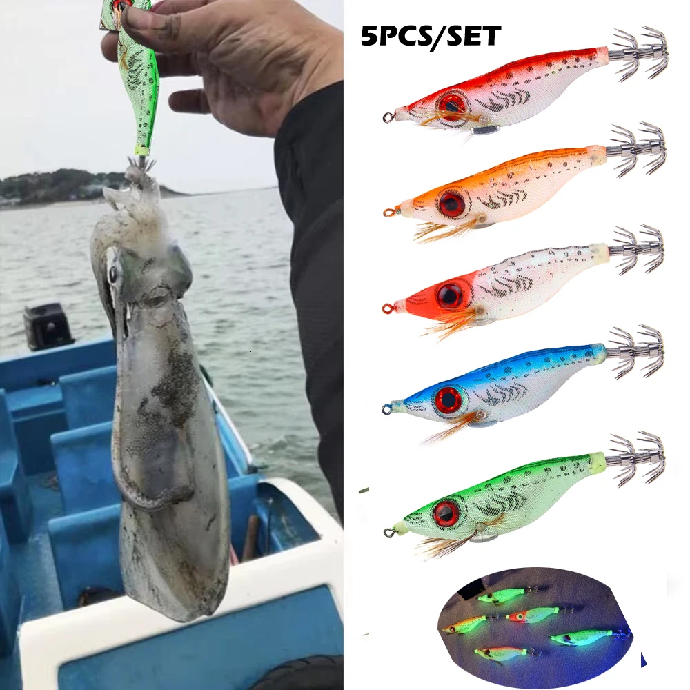 5pcs 9g/10cm Fishing Lure Lead Sinker Squid Jig Hook Set Wooden Shrimp Artificial Octopus Cuttlefish Shrimp Hard Bait