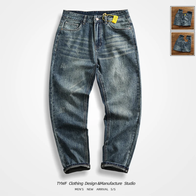 

Vintage American Casual Loose Men's Jeans Destructed Fabric Cotton 00% Faion Urban Sle Five ket Long Pants