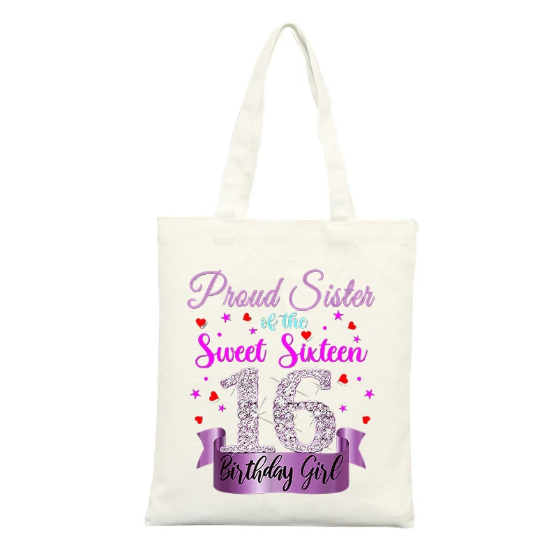 Canvas Tote Bag with Sweet Sixteen Letter Print, Ideal for Birthday Celebrations and Casual Outings