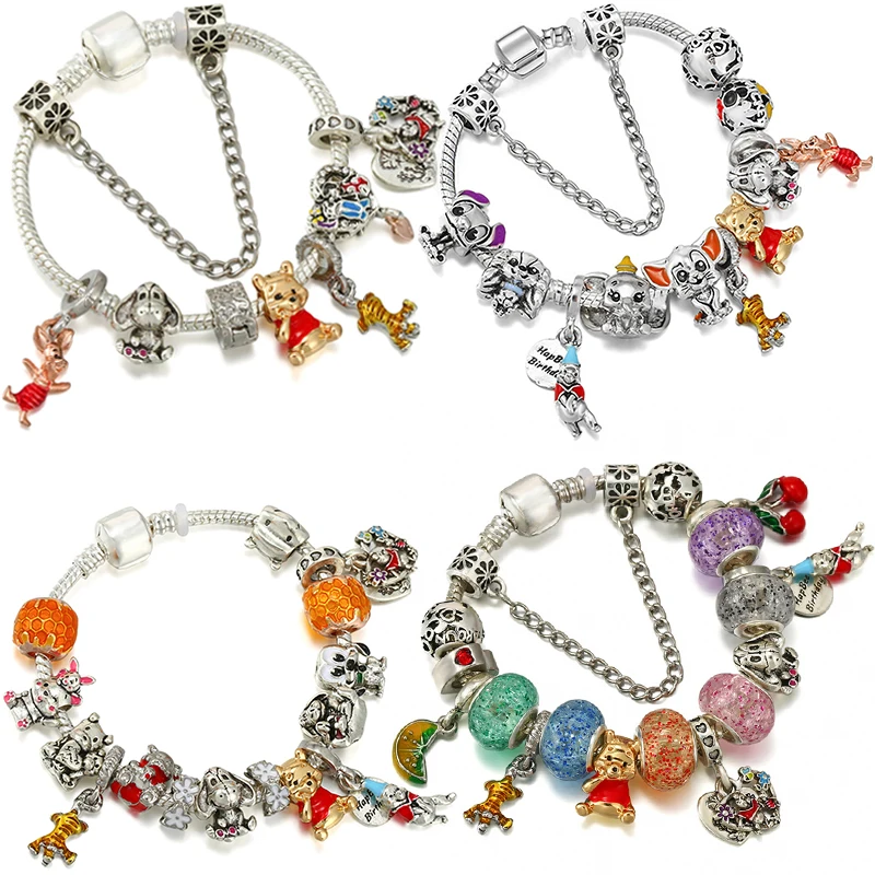 Cute Winnie the Pooh Charms Bracelet Women Cartoon Eeyore Piglet Tigger Beads For Jewelry Making DIY Disney Anime Pendant Bangle