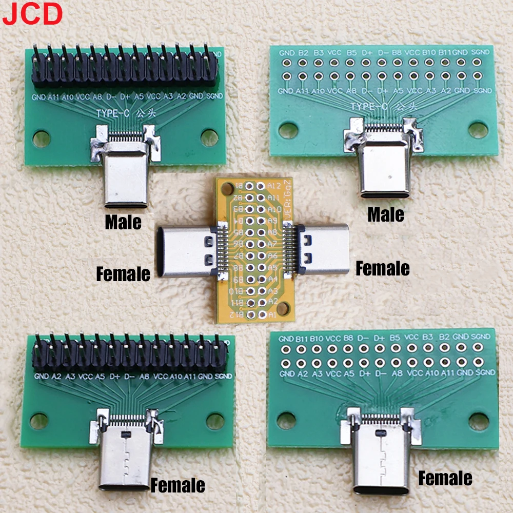 JCD 1pcs Type-C Male Seat Female Seat Test Board Double-Sided Plug Pin 24P Female seat To 2.54 USB 3.1 Data Power Adapter Board