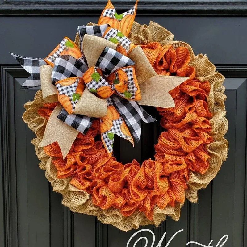 1 PCS Fall Burlap Wreath Autumn Wreaths For Front Door Farmhouse With Bows Decor