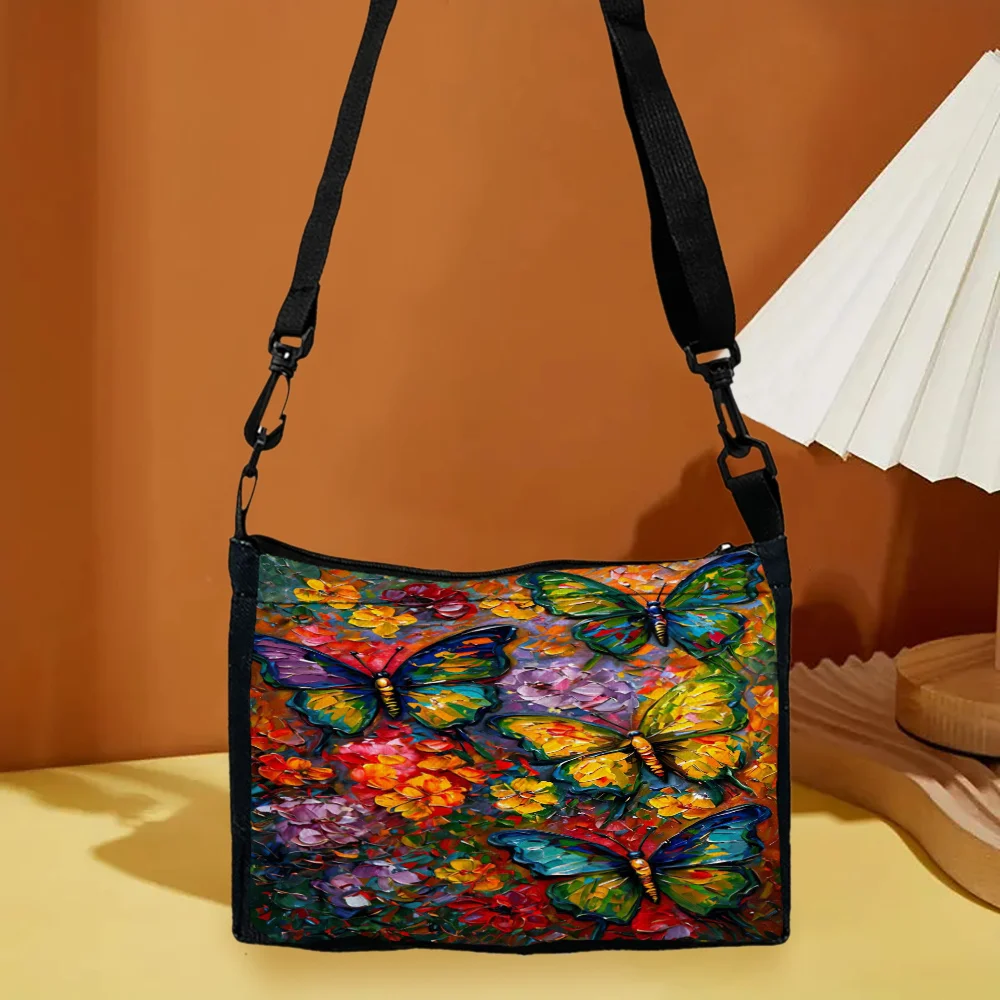 

Oil Painting Butterfly Printed Shoulder Bag, Adjustable Shoulder Strap for Women， Outdoor Leisure Travel Cross-shoulder Bag