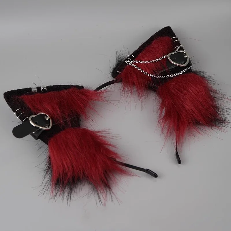 Nette Pelzige Katze Ohren Haar Hoop Frauen Mädchen Lolita Schöne Stirnband Plüsch Fuchs Ohr Metall Kette Liebe Herz Haarband Cosplay Requisiten