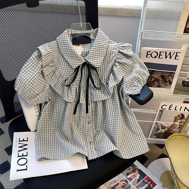 

Splicing Lotus Leaf Edge Bubble Sleeve Bow Shirt for Women Summer New Casual Loose Plaid Sweet Chic Tops Fashion Women Clothing