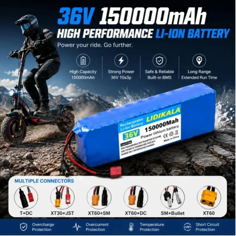 36V 150000mAh Lithium-Ionen-Akkupack, 10S3P wiederaufladbarer E-Bike-Akku mit BMS-Schutz, verschiedene Anschlussmöglichkeiten für E-Scooter und E-Bikes