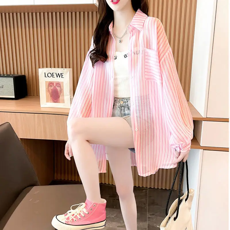 2023 Casual Striped Stylish Spliced Single-breasted Blouse Spring Summer Thin Long Sleeve Korean Loose All-match Pockets Shirt